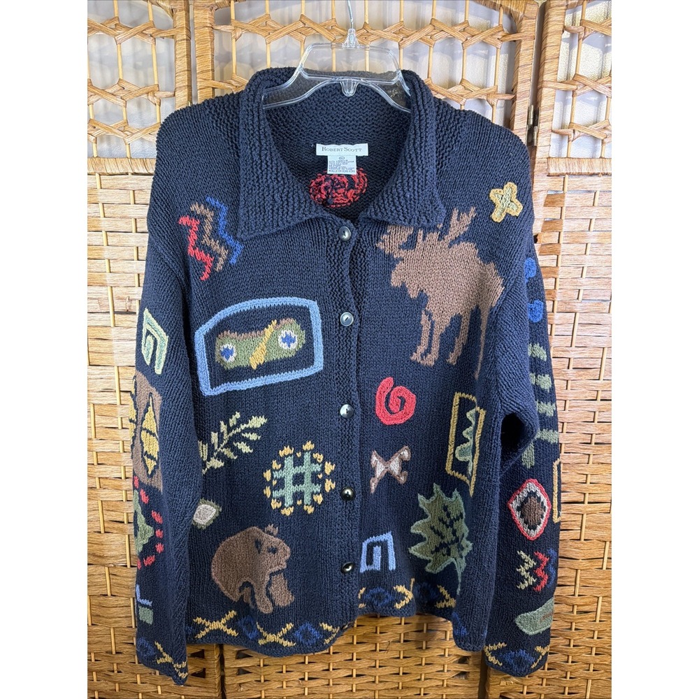 VTG 90s Robert Scott Linen Fall Novelty Cardigan Sz XL RARE Outdoors Bear Camp